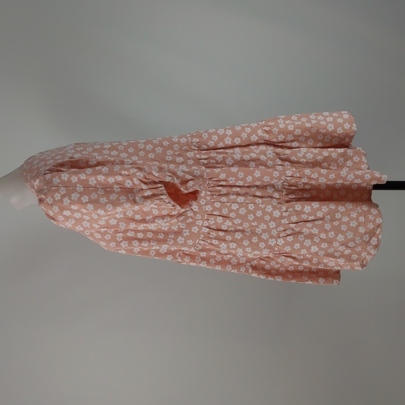 The Self Styler Dress Size 14 Pink White Floral Puff Sleeves Ruffle Tie-up Neck - Picture 9 of 15